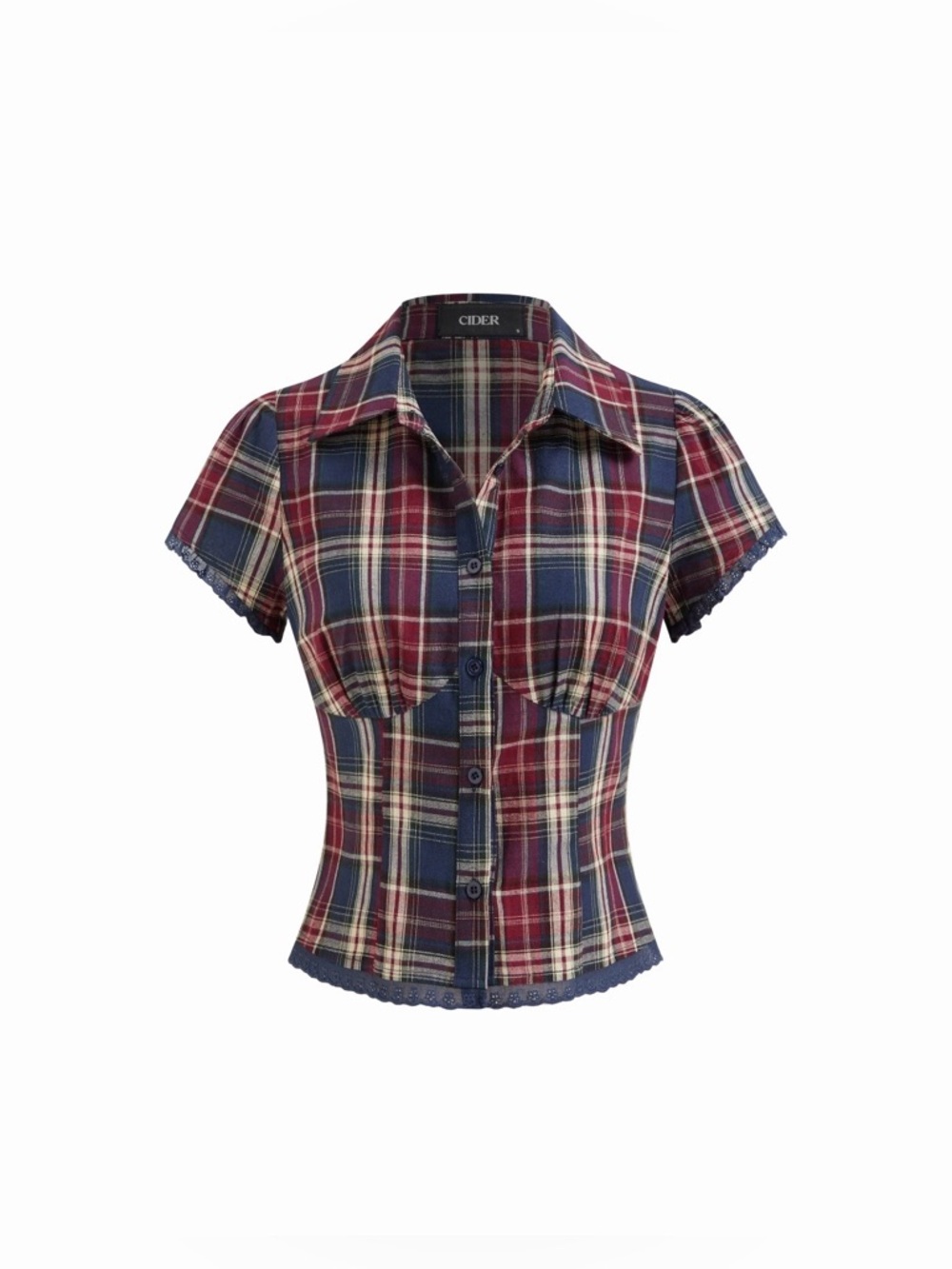 Cider Plaid Button-Front Short Sleeve Top in Navy & Burgundy